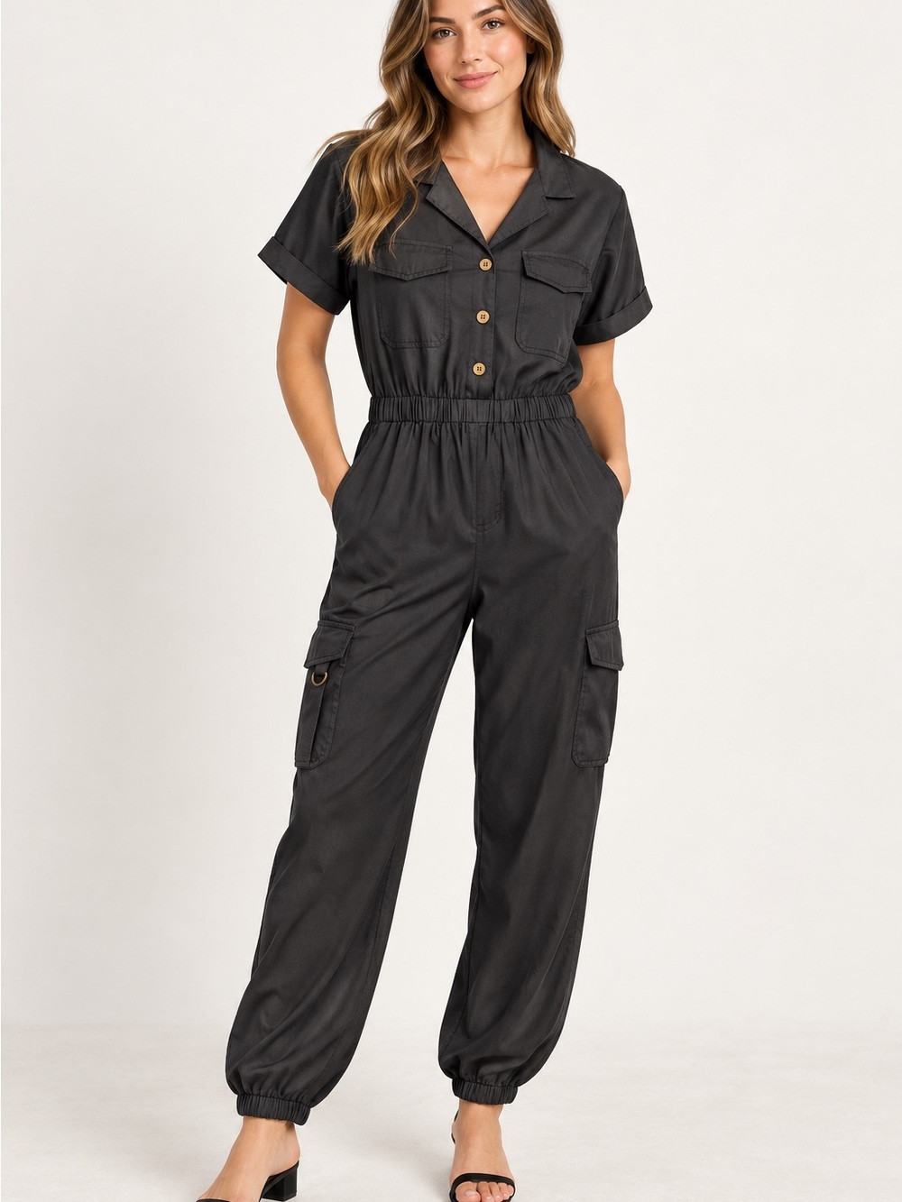 Blush Charcoal Short-Sleeve Utility Jumpsuit